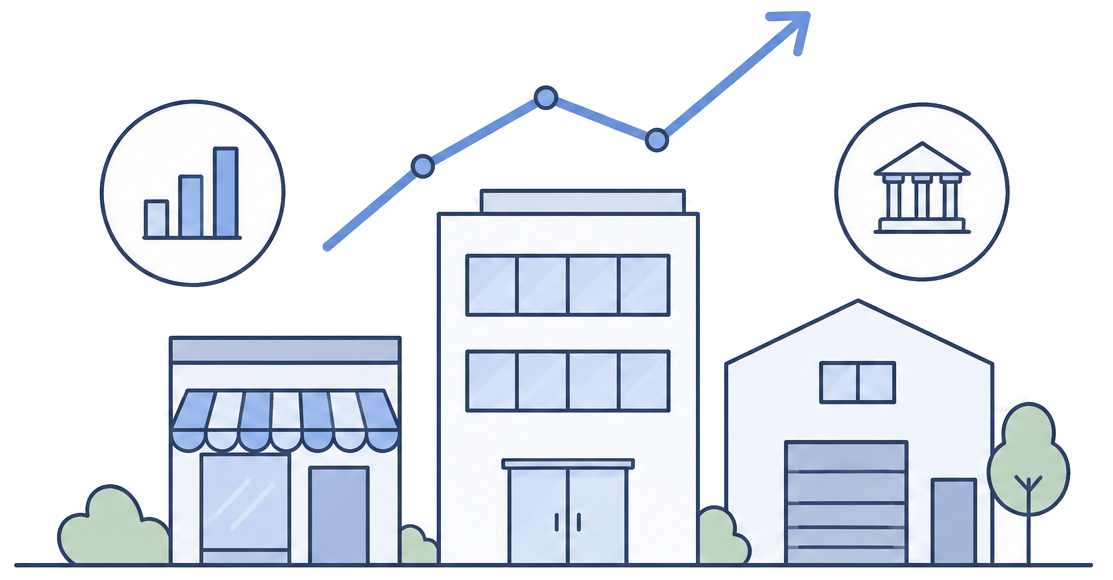 Illustration de bâtiments d'immobilier professionnel avec courbe de croissance et icônes finance
